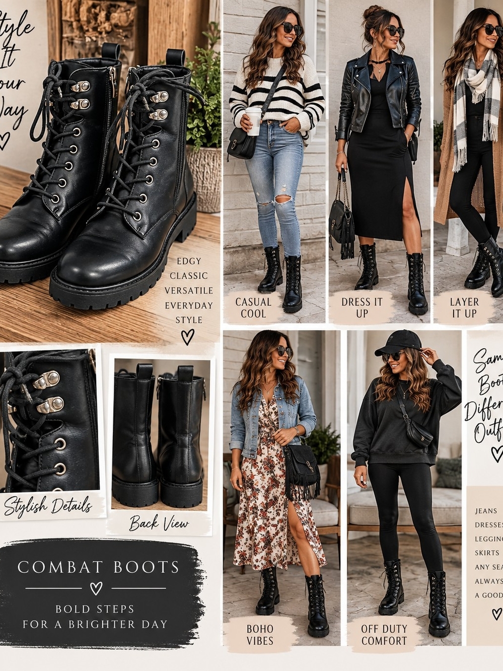Black Combat Boots — Versatile Women's Lace-Up Boots